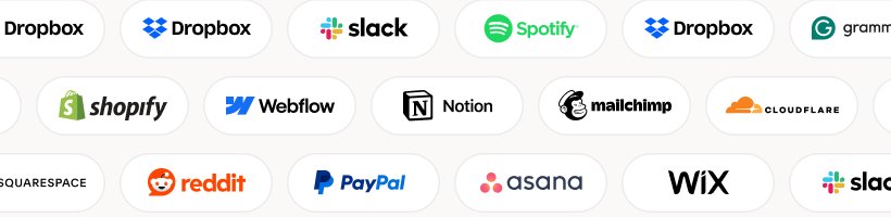 Dropbox, Slack, Spotify, Shopify, Webflow, Notion, Mailchimp, Reddit, PayPal, Asana and Wix integration badges